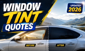 Quotes About Tint: 150+ Funny, Cool & Inspirational Window Tint Quotes featured image showing a modern car with dark window tint under bright summer sunlight. Image Description