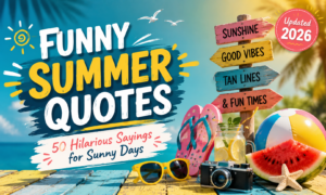 Funny Summer Quotes featured image with colorful beach theme, sunshine, flip-flops, watermelon, and playful summer decorations.