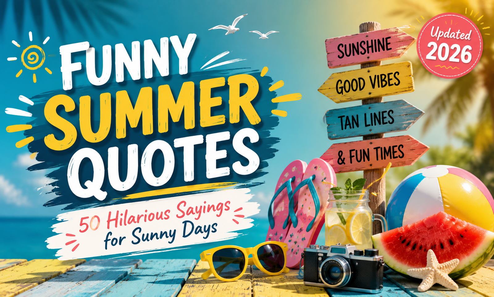 Funny Summer Quotes featured image with colorful beach theme, sunshine, flip-flops, watermelon, and playful summer decorations.