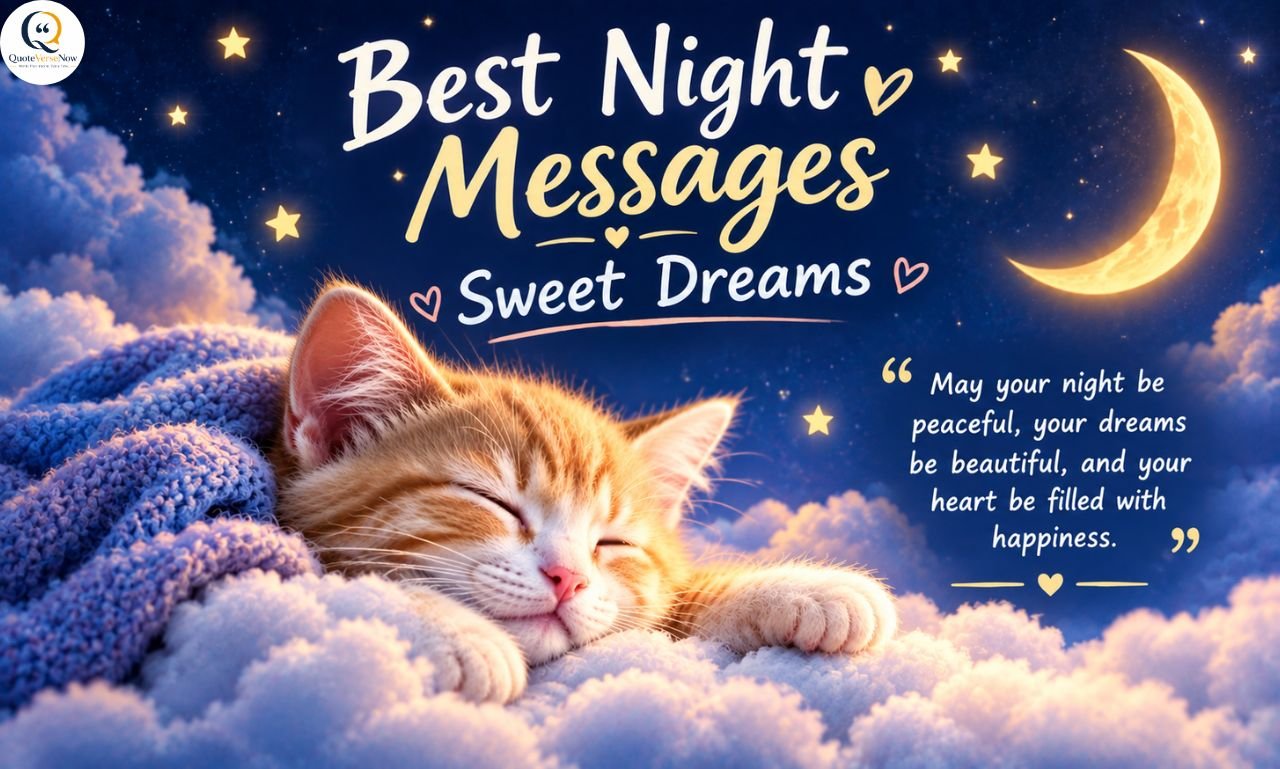 Sleeping kitten on fluffy clouds beneath a crescent moon with “Best Night Messages” and “Sweet Dreams” text.