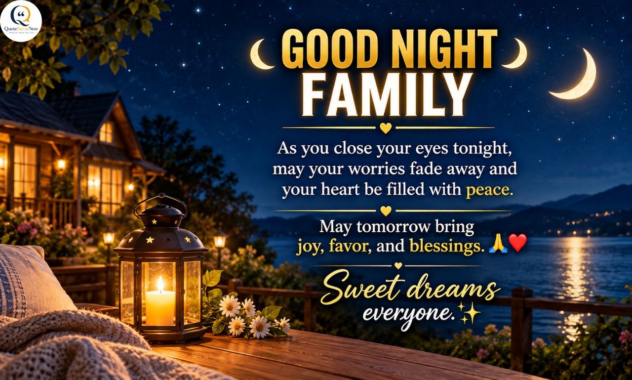 A cozy Good Night Family image featuring a warmly lit lakeside cottage, glowing lantern, starry sky, crescent moon, and a peaceful blessing wishing family members sweet dreams and a blessed tomorrow.