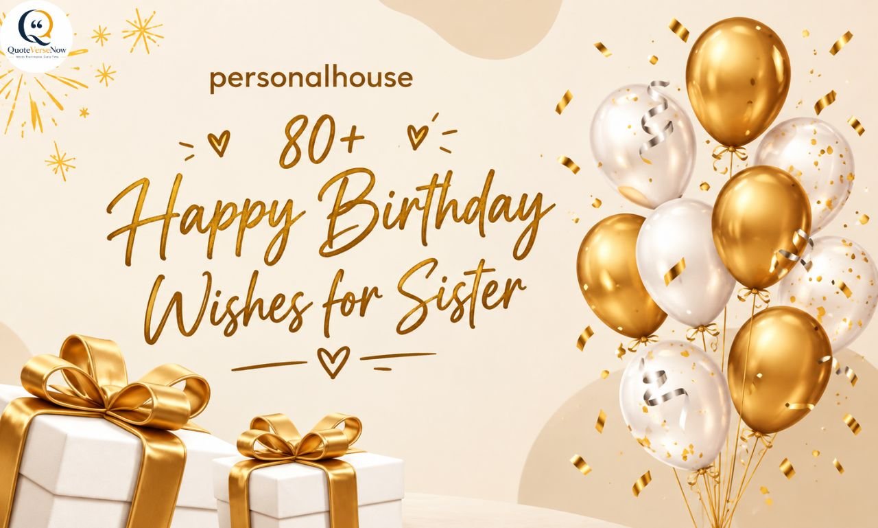  happy birthday wishes for sister with gold and white balloons and gift boxes