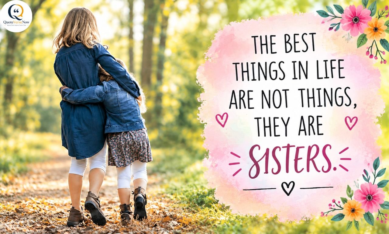 Two sisters walking together in a forest with a heartfelt quote about sisterhood