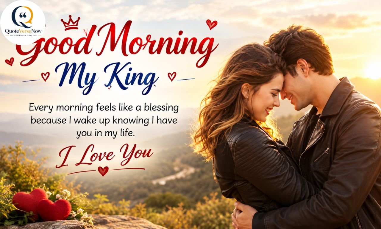 Romantic couple embracing at sunrise with “Good Morning My King” text and a heartfelt love message.