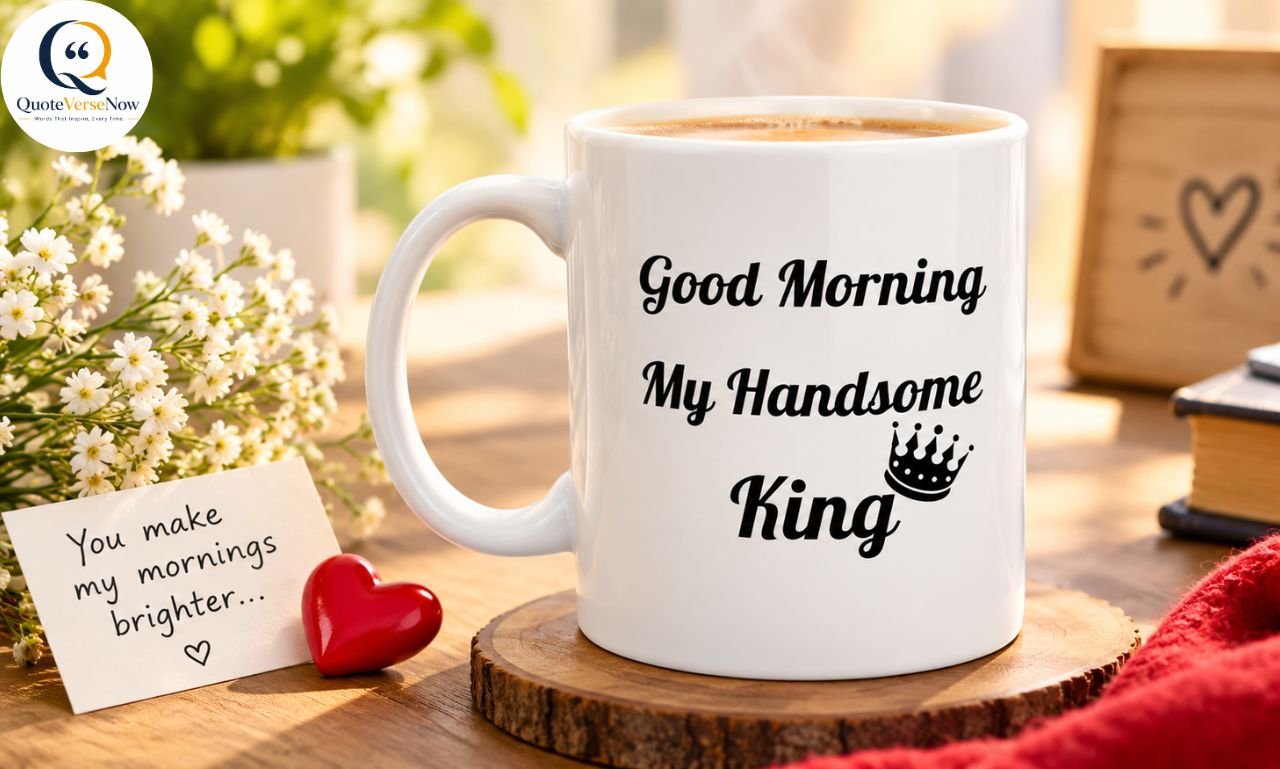 White mug with “Good Morning My Handsome King” text, coffee, flowers, and a romantic love note.