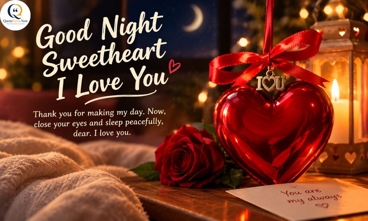 Romantic good night message for her with a red heart, rose, crescent moon, and cozy bedtime scene.