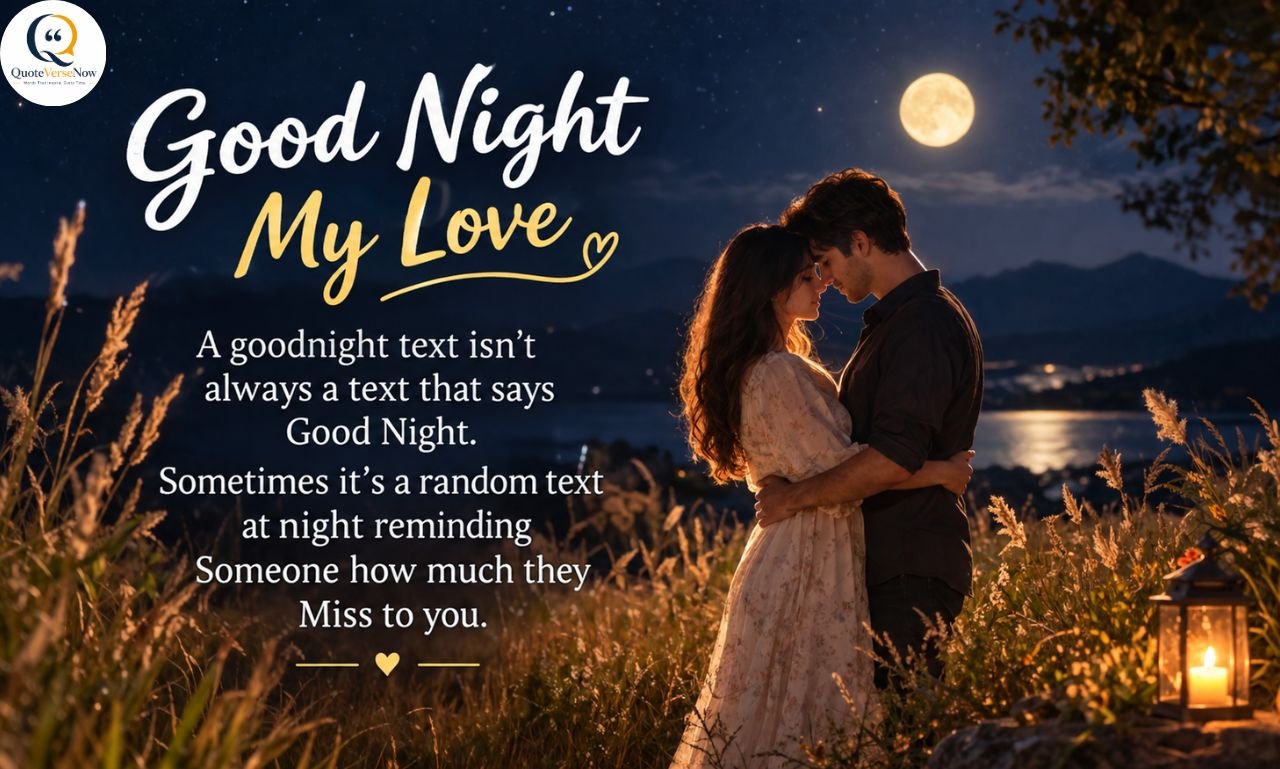 Romantic good night message for her with a couple embracing under a moonlit night sky.