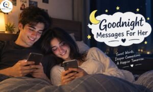 Romantic good night messages for her with a smiling couple texting at bedtime