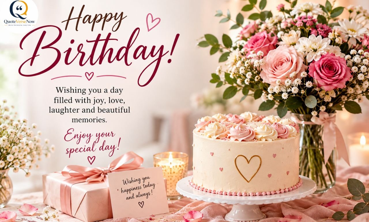 Happy birthday message with a floral bouquet, birthday cake, and wrapped gift