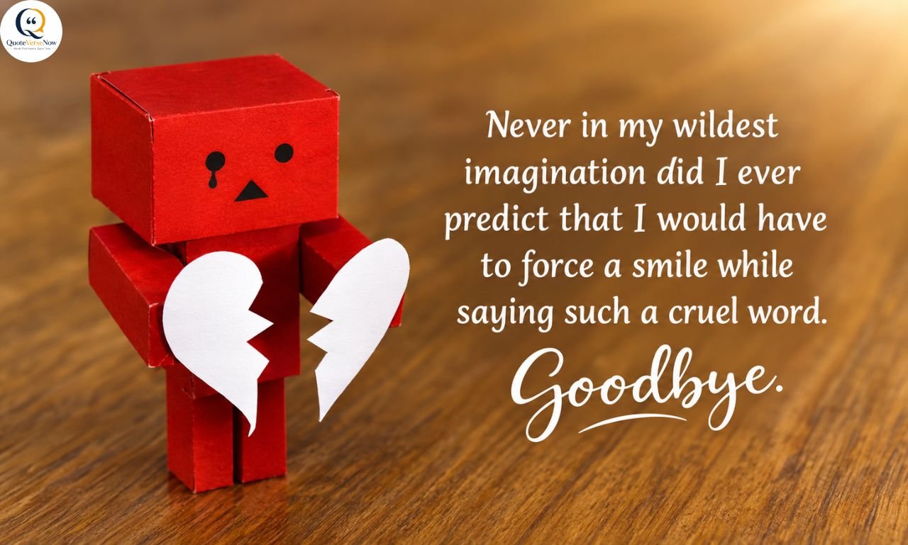 Red paper robot holding a broken white heart with a heartfelt goodbye quote on a warm wooden background.