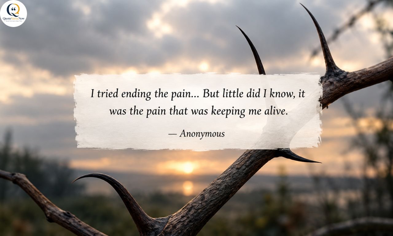 Moody quote graphic with thorny branches, a cloudy sunset, and a message about pain and letting go.