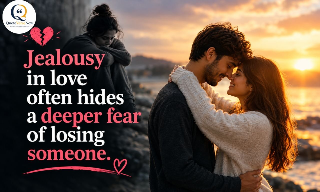Jealousy in love quote about the fear of losing someone, with a romantic couple at sunset
