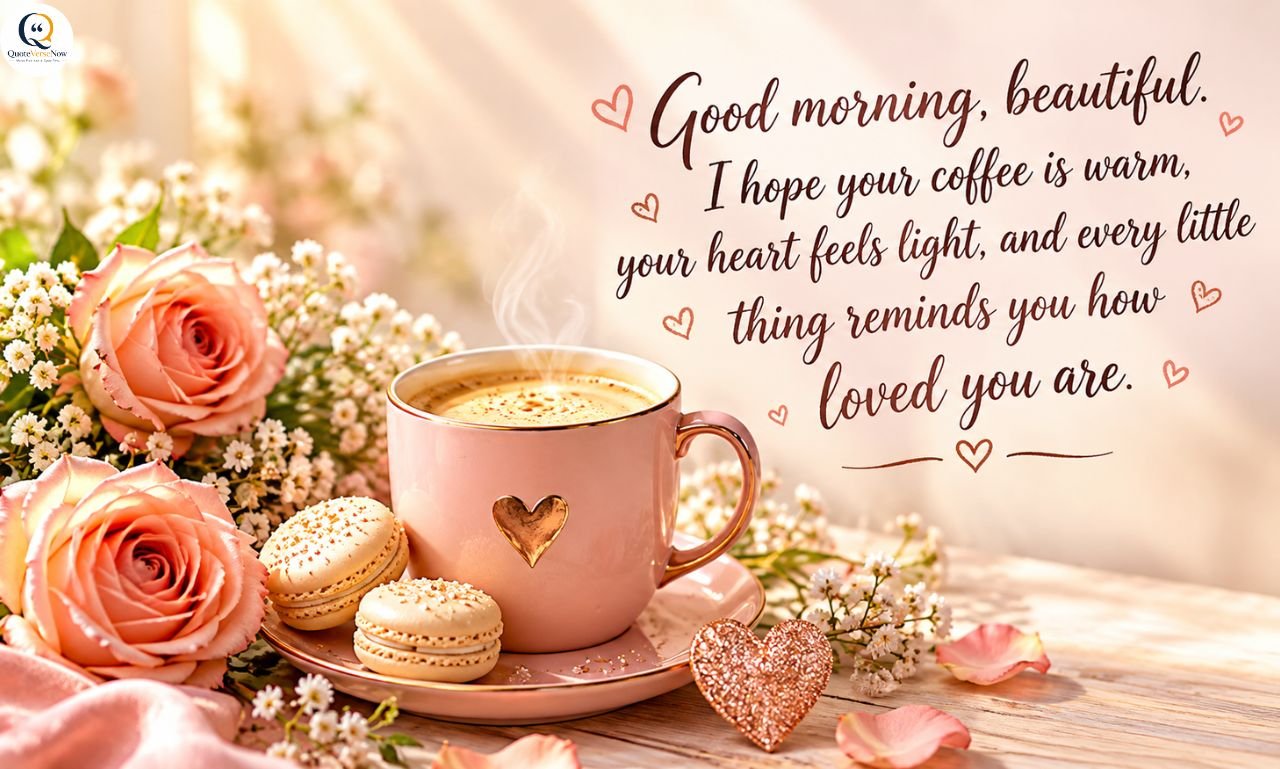 Romantic good morning greeting with pink roses, coffee cup, macarons, and a heartfelt message.