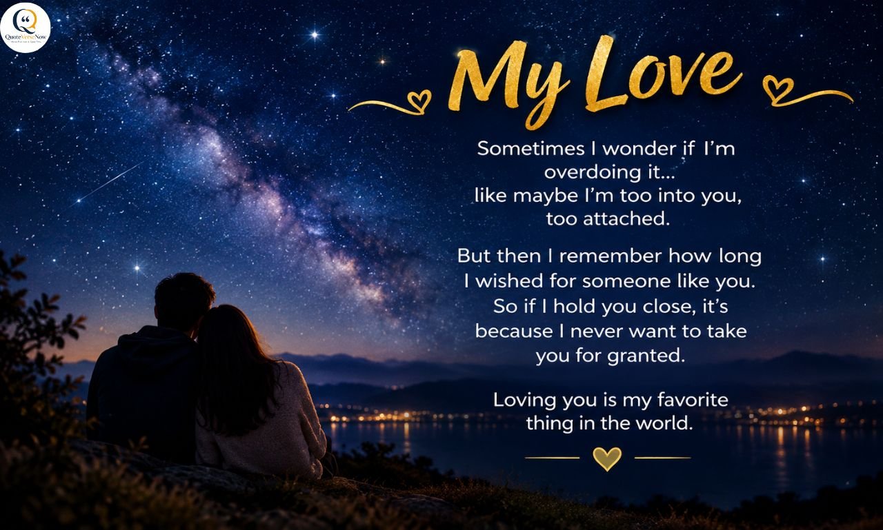 Romantic couple sitting under a starry night sky with a heartfelt “My Love” message.