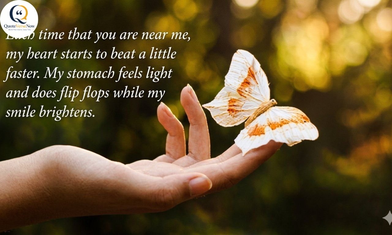 "A light-colored butterfly resting on an open hand, with an overlaid romantic quote about a beating heart and smiling."