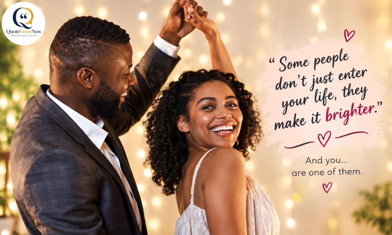 Happy couple dancing together under warm lights with a romantic quote about making life brighter.