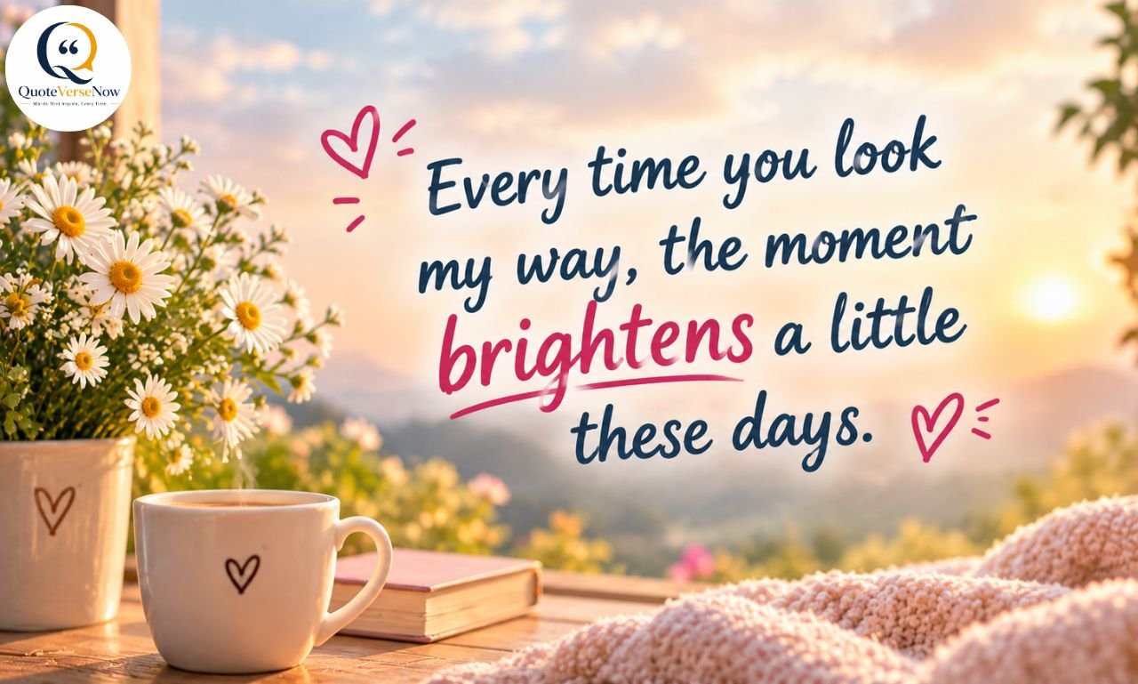 Romantic quote graphic with daisies, a coffee cup, and the message “Every time you look my way, the moment brightens a little these days.”