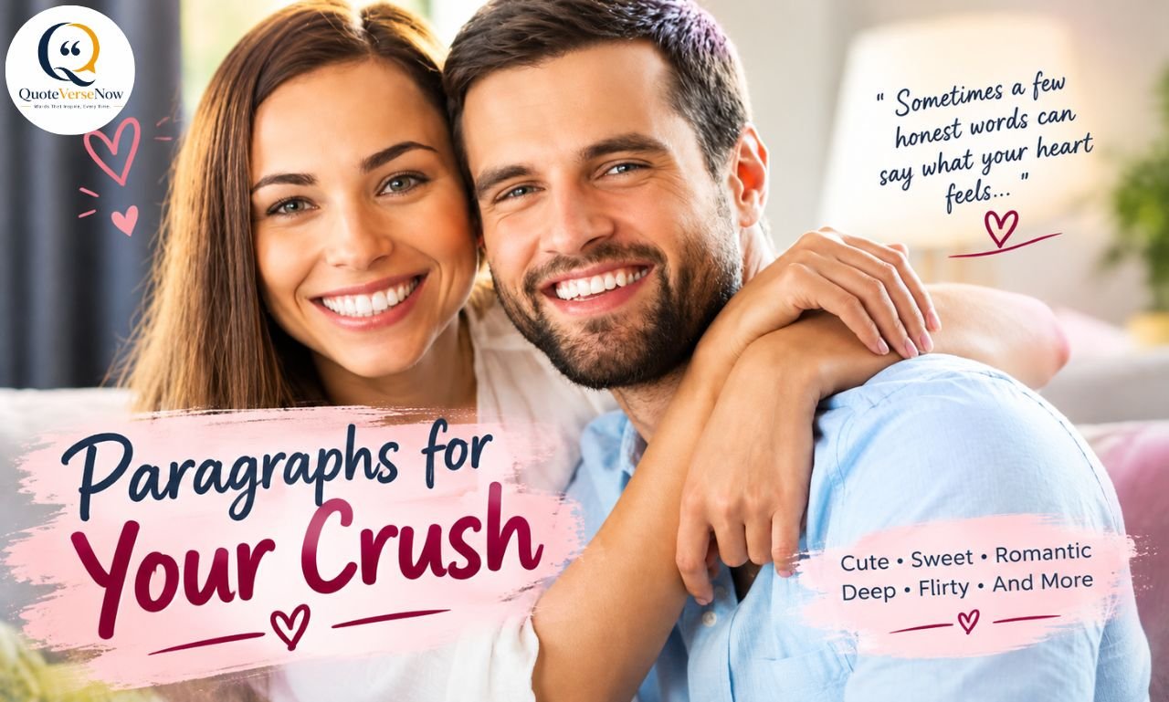 Romantic couple smiling and embracing with “Paragraphs for Your Crush” quote text overlay.
