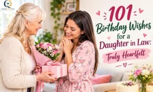 101 birthday wishes for a daughter-in-law with a mother giving her flowers and a gift