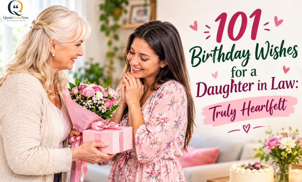 101 birthday wishes for a daughter-in-law with a mother giving her flowers and a gift