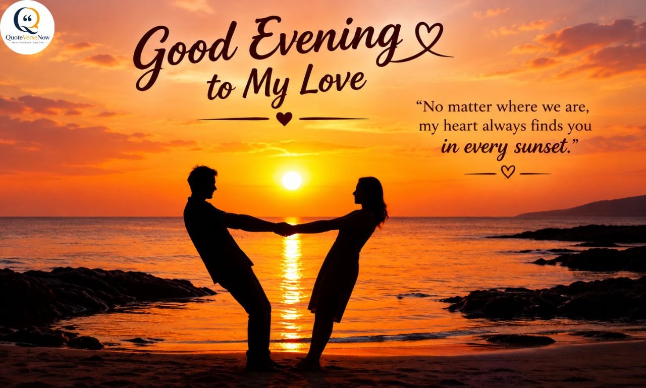 Good evening to my love romantic sunset beach scene with a couple holding hands and heartfelt quote