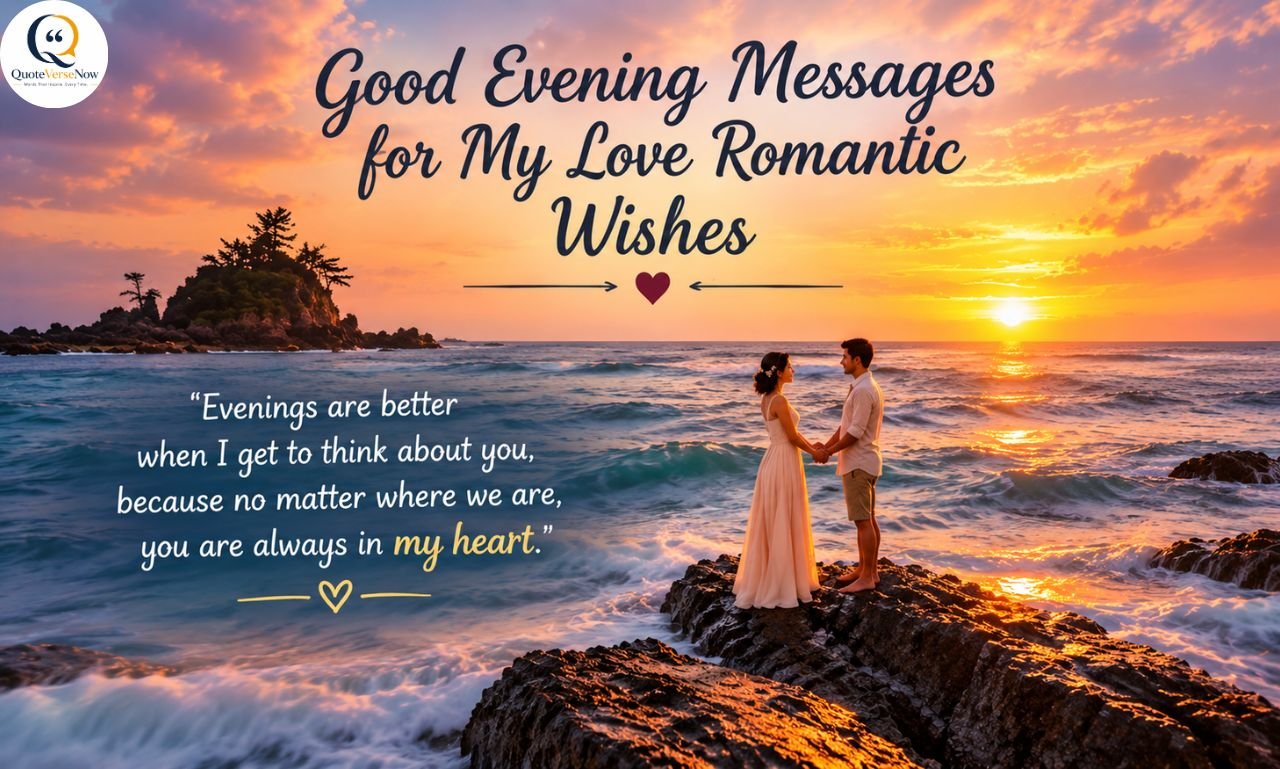 Good evening messages for my love with a romantic sunset, couple by the ocean, and heartfelt quote