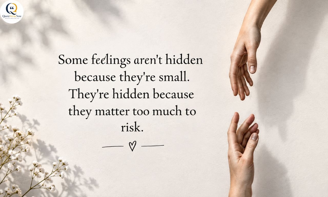 Two hands reaching toward each other beside delicate white flowers, with a heartfelt quote about feelings and love on a soft cream background.