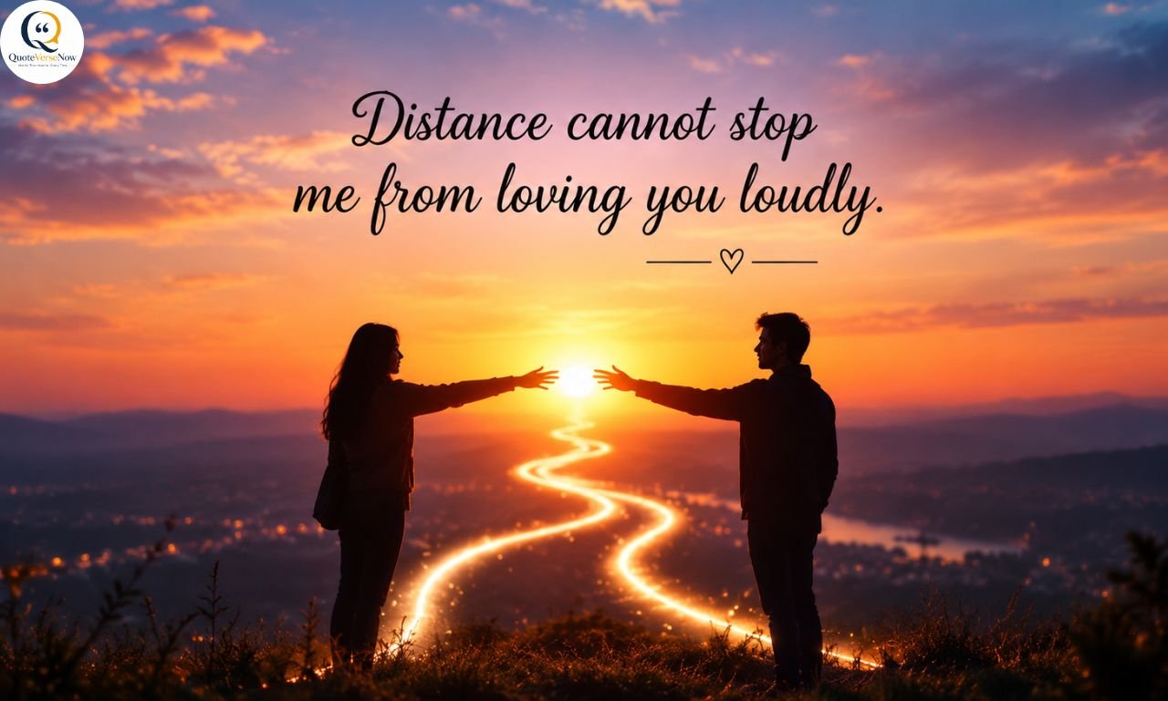 Romantic sunset scene with a couple reaching toward each other across a glowing path, symbolizing love despite distance.