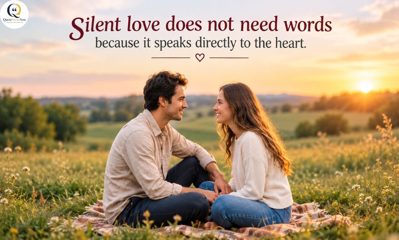 Romantic couple sitting together in a flower-filled meadow at sunset with a heartfelt silent love quote.