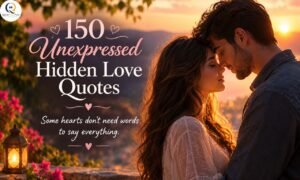 150 unexpressed hidden love quotes with a romantic couple embracing at sunset and a heartfelt quote about love beyond words.