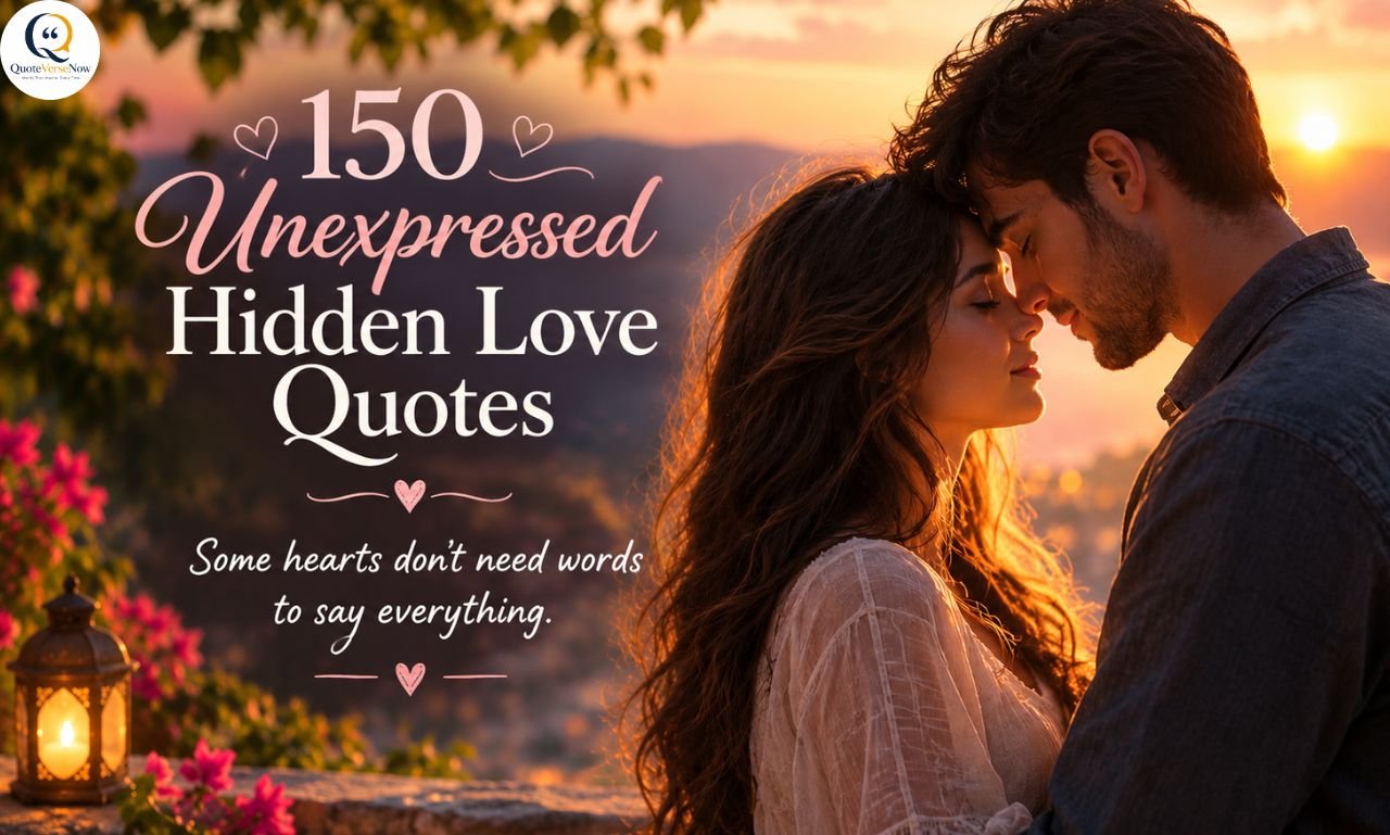 150 unexpressed hidden love quotes with a romantic couple embracing at sunset and a heartfelt quote about love beyond words.
