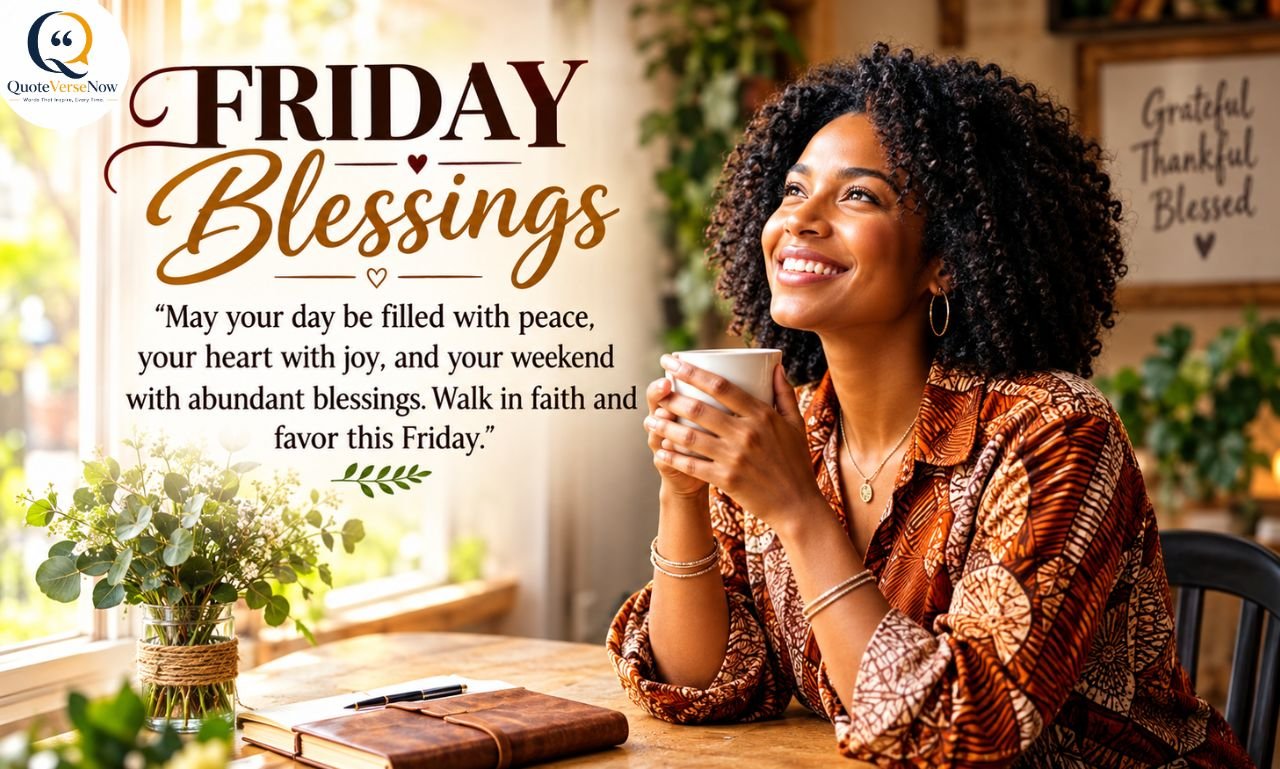 African American spiritual Friday blessings featuring a smiling woman holding coffee in a cozy, sunlit home.