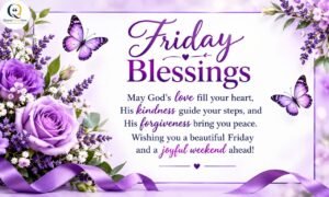 Friday Morning Prayer Quotes with beautiful purple flowers, butterflies, and a heartfelt Friday blessing