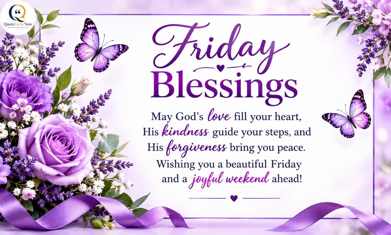 Friday Morning Prayer Quotes with beautiful purple flowers, butterflies, and a heartfelt Friday blessing