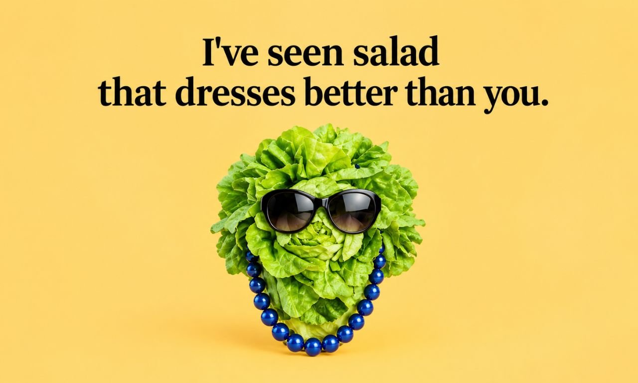 Good Roasts to Say – Funny salad roast with sunglasses and a blue necklace.
