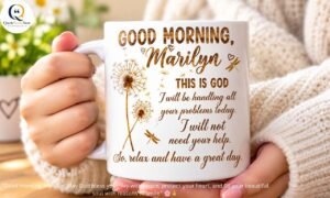 Good morning prayer for a friend displayed on a white coffee mug with a peaceful faith-inspired message and dandelion design.