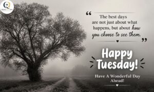 Happy Tuesday Black Images with an inspirational quote, foggy tree, and peaceful countryside path.