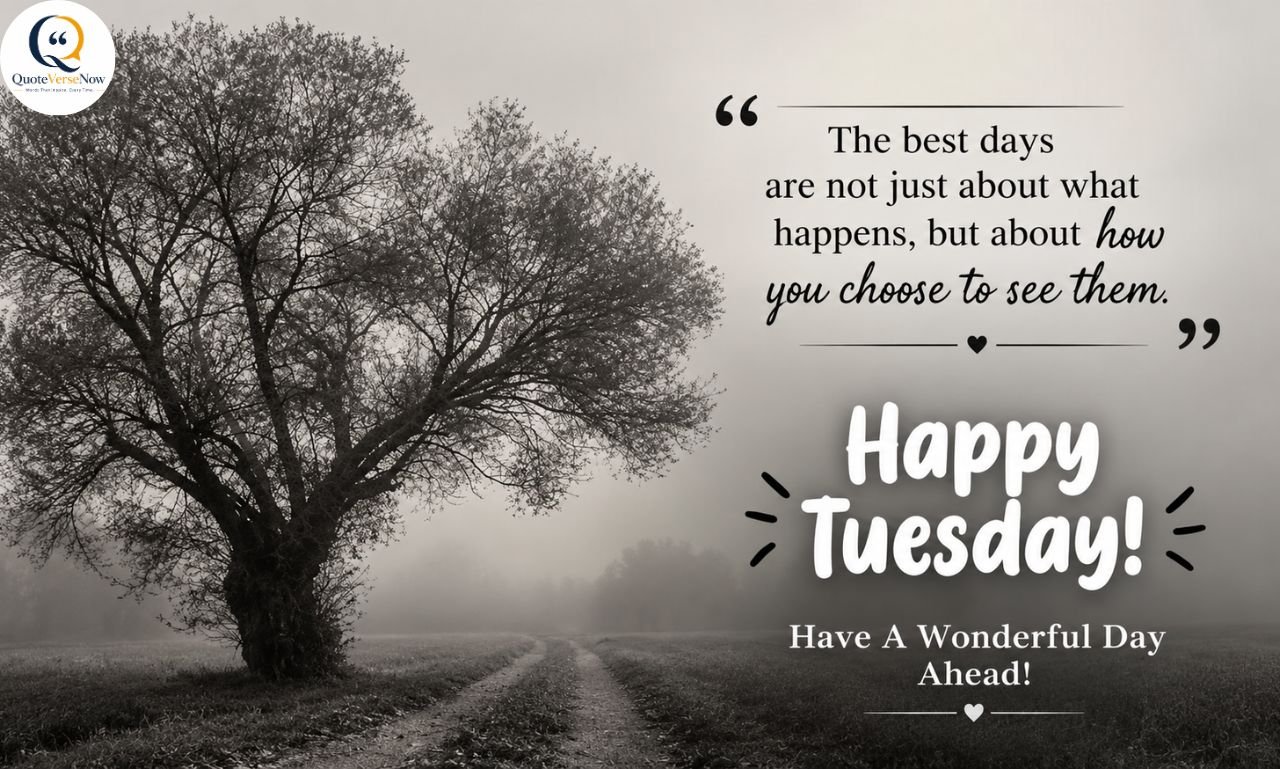 Happy Tuesday Black Images with an inspirational quote, foggy tree, and peaceful countryside path.