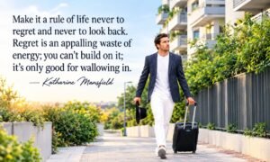 Life and regrets quotes about letting go of the past, never looking back, and learning from regret, featuring a motivational travel scene.