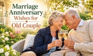 Marriage anniversary wishes for old couple celebrating lasting love in a beautiful garden.