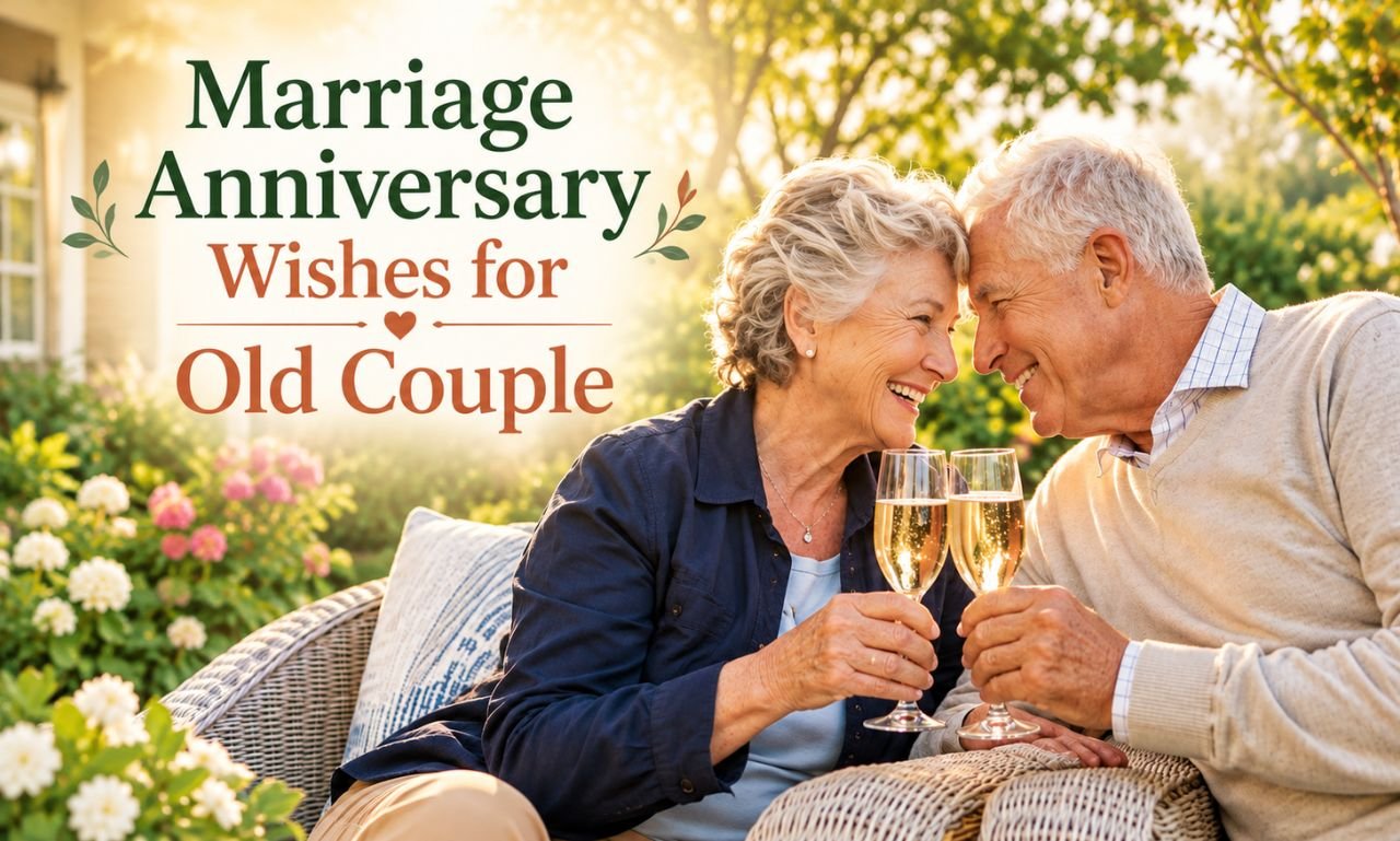 Marriage anniversary wishes for old couple celebrating lasting love in a beautiful garden.