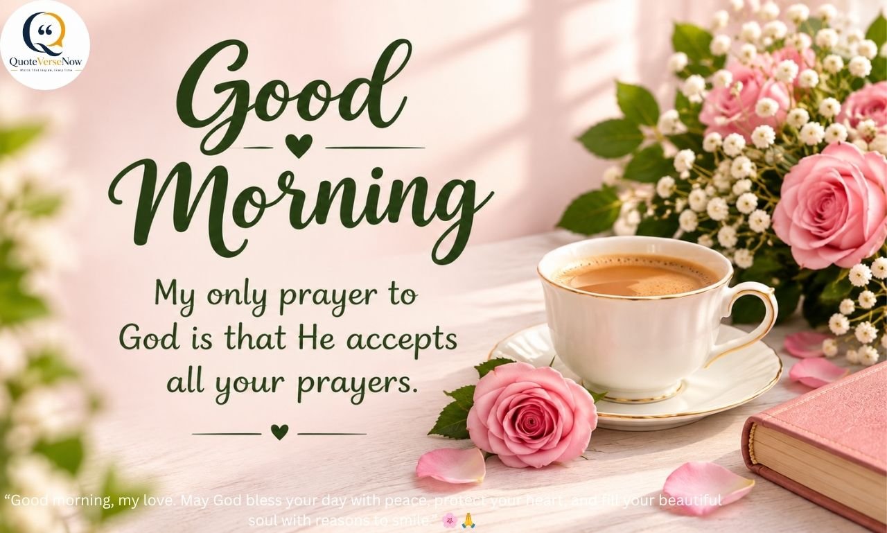 Good morning prayer for her with a pink rose, coffee cup, flowers, and a heartfelt prayer message