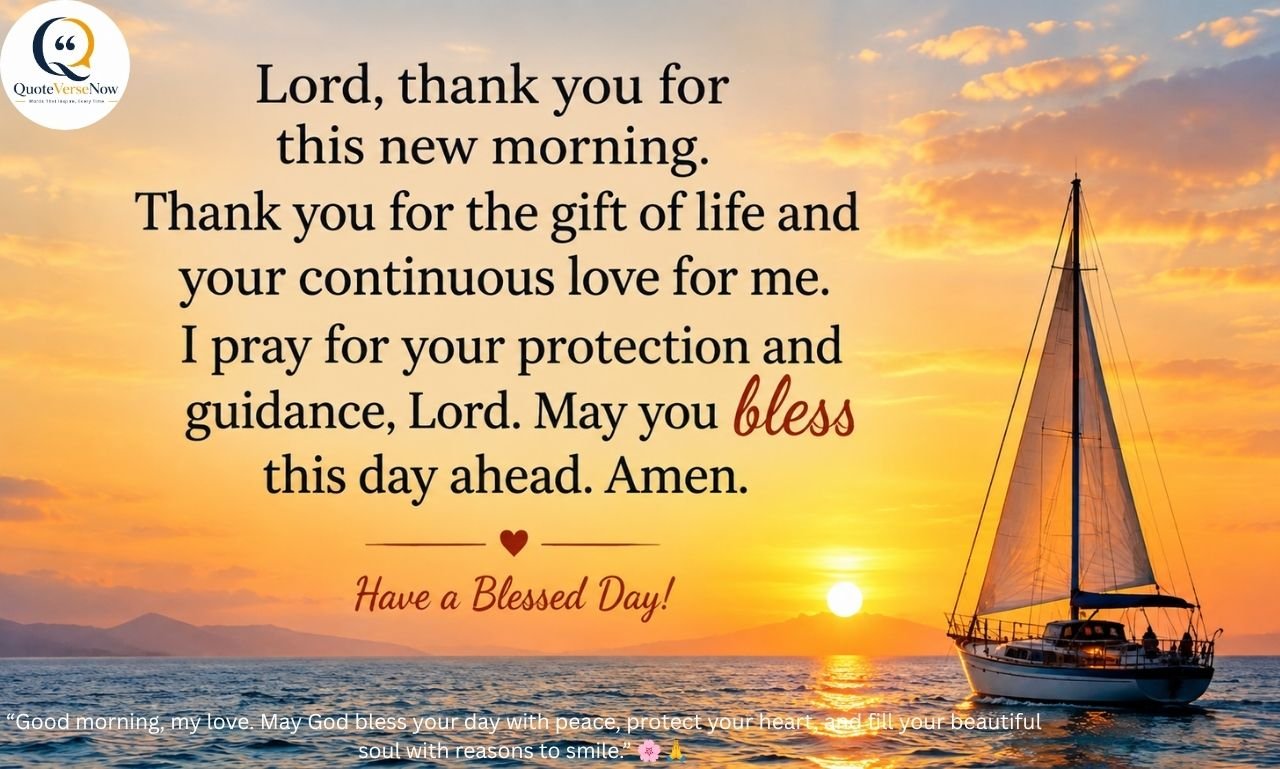 Morning prayer for her with a peaceful sunrise over the ocean, sailboat, and heartfelt prayer for God’s protection and guidance.