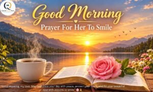 Good morning prayer for her with a peaceful sunrise, open Bible, pink rose, and coffee by a lake
