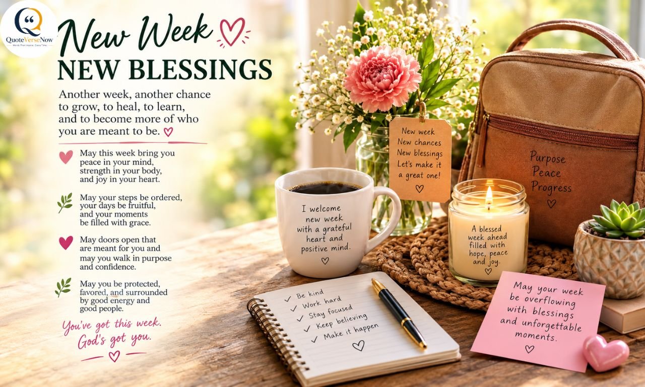 New week blessings with flowers, coffee, candle, and inspirational messages for a peaceful week.