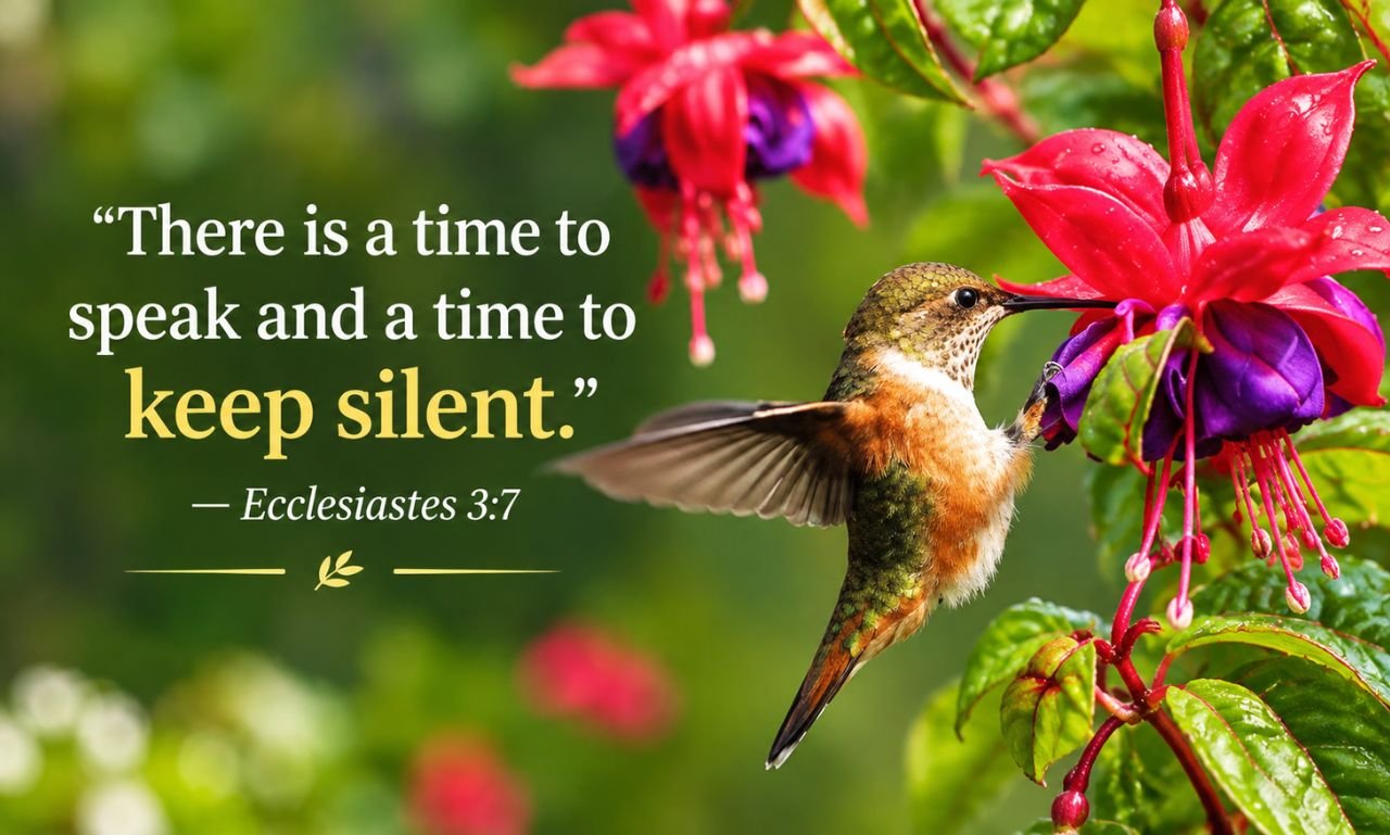 Quotes about silence featuring a hummingbird feeding on vibrant flowers alongside the Bible verse, “There is a time to speak and a time to keep silent.”