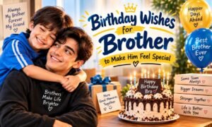 Birthday wishes for brother featuring two brothers hugging beside a birthday cake, balloons, and a heartfelt birthday message.