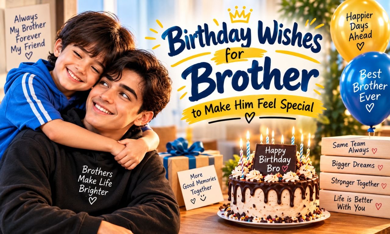 Birthday wishes for brother featuring two brothers hugging beside a birthday cake, balloons, and a heartfelt birthday message.