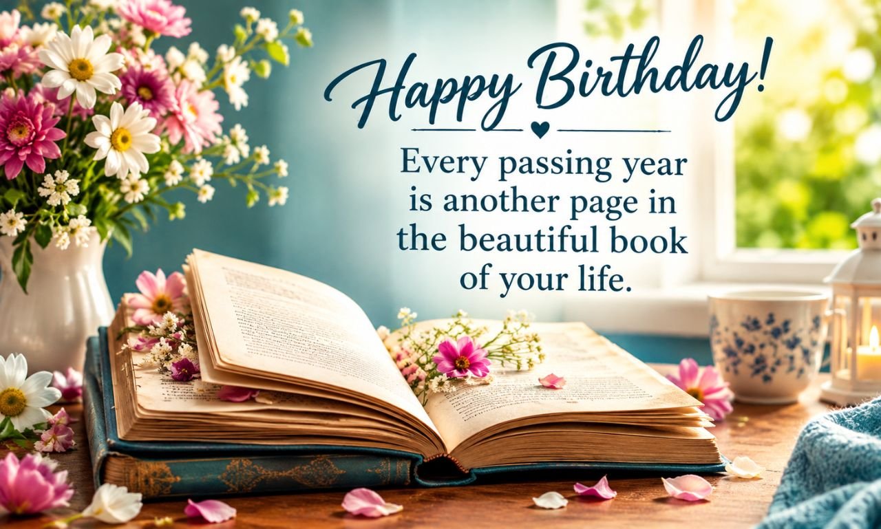 Happy birthday quotes with an open book, colorful flowers, and a heartfelt birthday message.