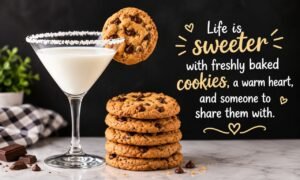 Quotes about cookies featuring chocolate chip cookies, a glass of milk, and a sweet inspirational message.